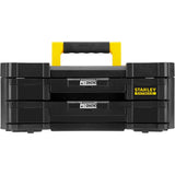 Boîte à outils Stanley Fatmax noire et jaune, modèle Pro-Stack, avec deux tiroirs.