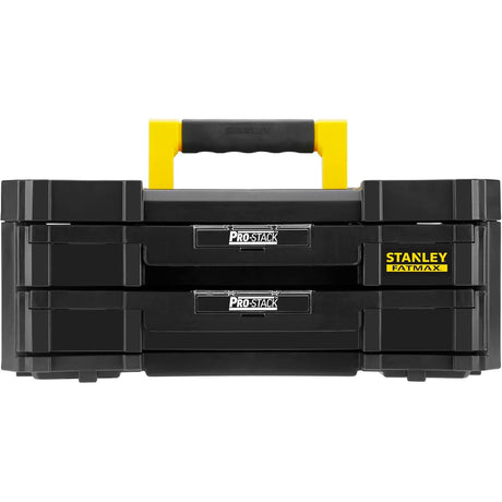 Boîte à outils Stanley Fatmax noire et jaune, modèle Pro-Stack, avec deux tiroirs.
