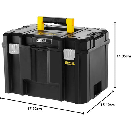 Boîte à outils Stanley noire avec poignée jaune, type Fatmax, dimensions 17,32x13,19x11,85 cm