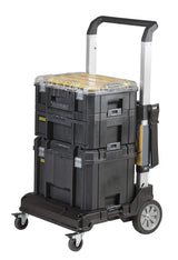 Chariot de rangement Stanley en plastique noir pour outils, couvercle transparent.