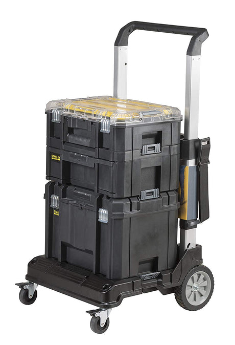 Chariot de rangement Stanley en plastique noir pour outils, couvercle transparent.