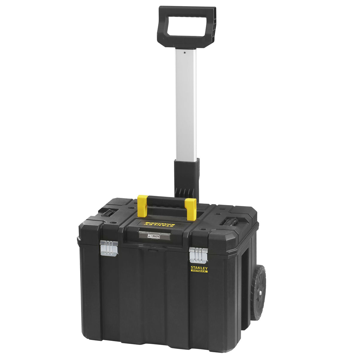 Caisse à outils Stanley noire à roulettes, valise de rangement, poignée télescopique jaune.