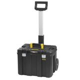 Caisse à outils Stanley noire à roulettes, valise de rangement, poignée télescopique jaune.