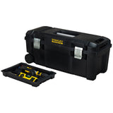 Coffre à outils Stanley noir avec plateau amovible et accessoires, marque Stanley.