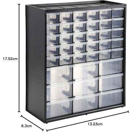 Organisateur Facom, meuble de rangement plastique noir avec tiroirs transparents.
