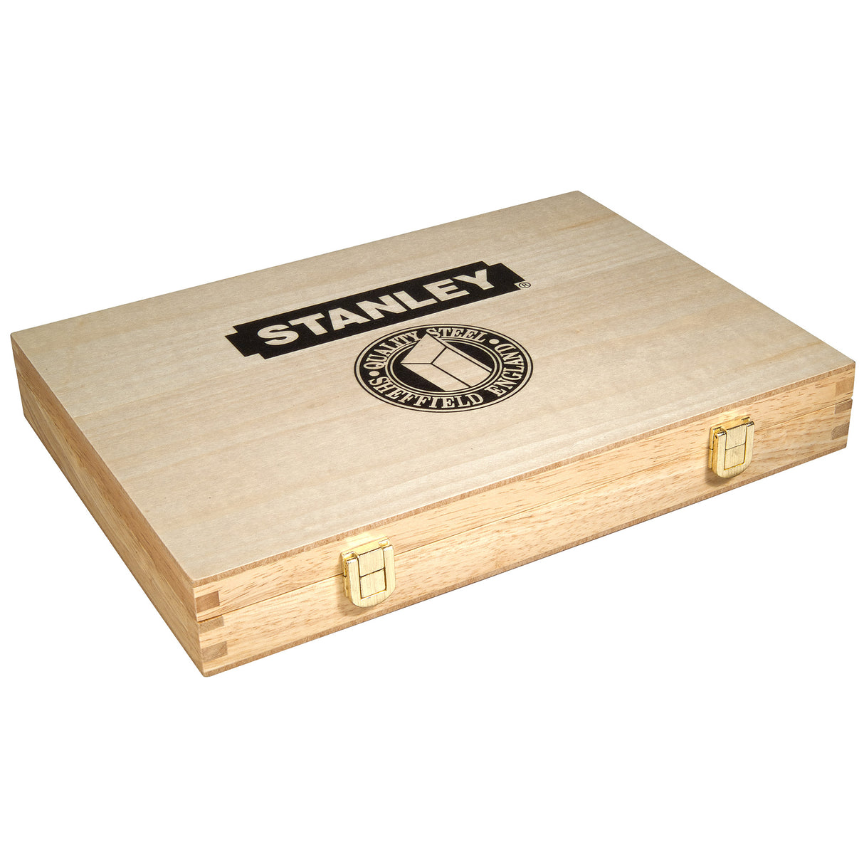 Coffret en bois Stanley, boîte de rangement artisanale, couleur bois clair.