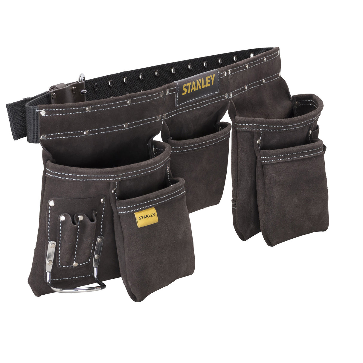 Ceinture porte-outils Stanley noire, multiple poches, idéale pour outillage.