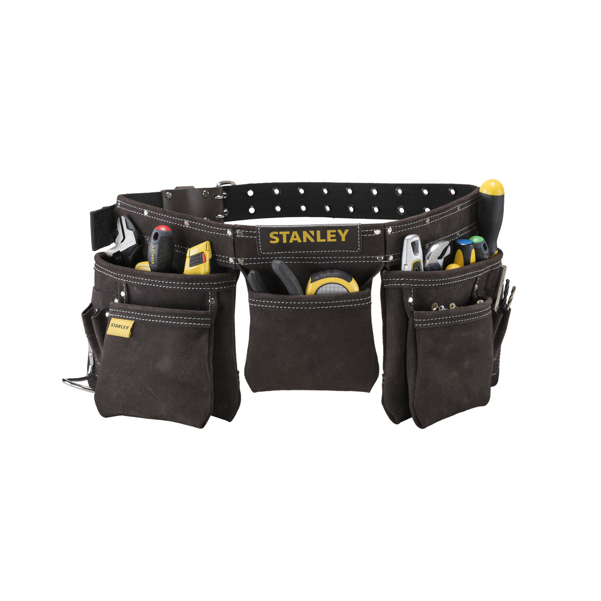 Ceinture porte-outils Stanley, noir, avec multiples poches et outils visibles.