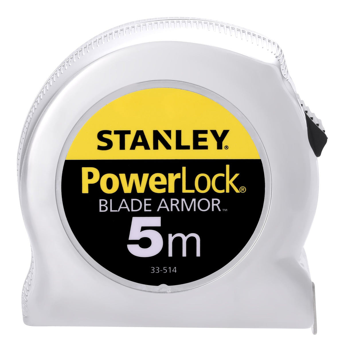 Mètre ruban Stanley PowerLock 5 mètre, blanc avec accents jaunes et noirs.
