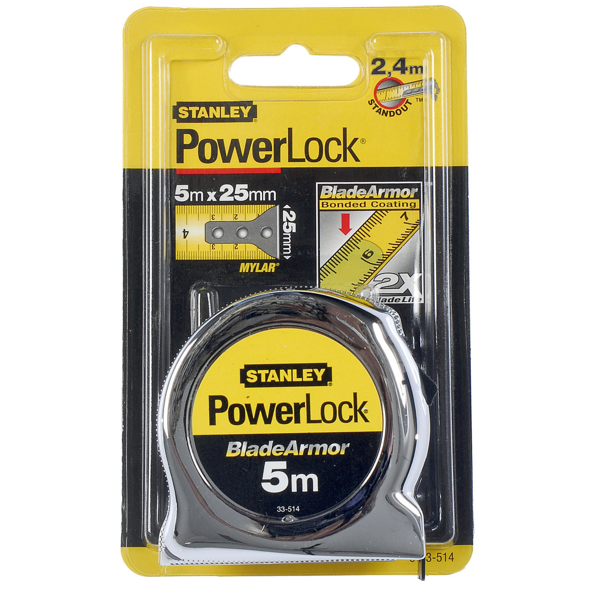Mètre ruban Stanley PowerLock, 5m, couleur jaune et argent, outil de mesure.