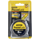 Mètre ruban Stanley PowerLock, 5m, couleur jaune et argent, outil de mesure.