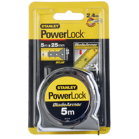 Mètre ruban Stanley PowerLock, 5m, couleur jaune et argent, outil de mesure.