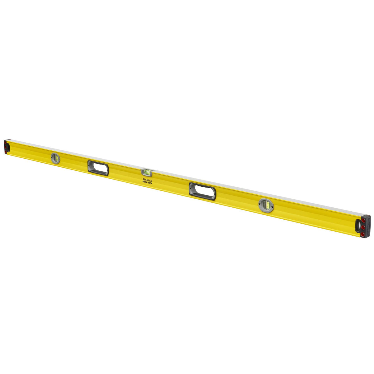 Niveau à bulle Stanley jaune avec poignées ergonomiques, outil de mesure précis.