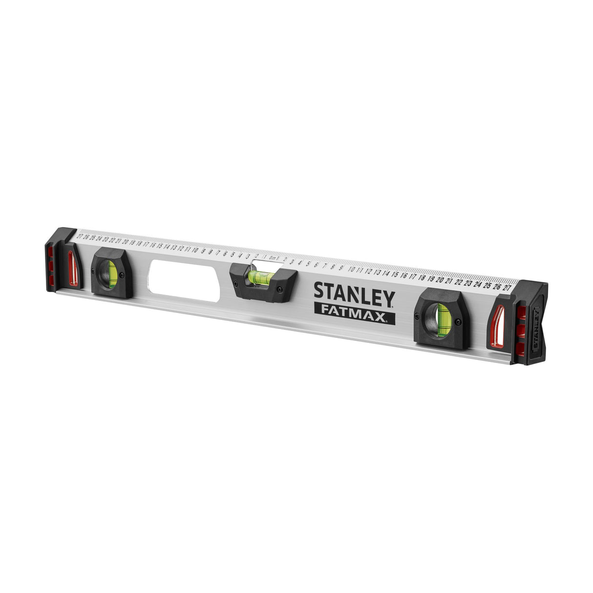 Niveau à bulle Stanley Fatmax, outil de mesure, couleur argent avec détails noirs.