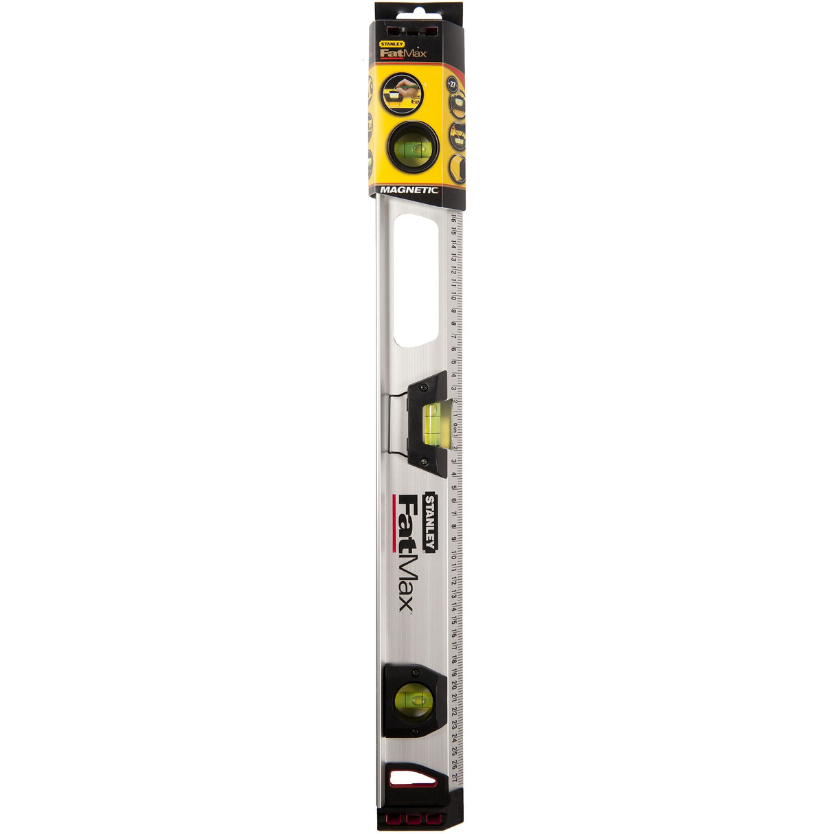 Niveau à bulle Stanley FatMax, outil de mesure magnétique argenté.