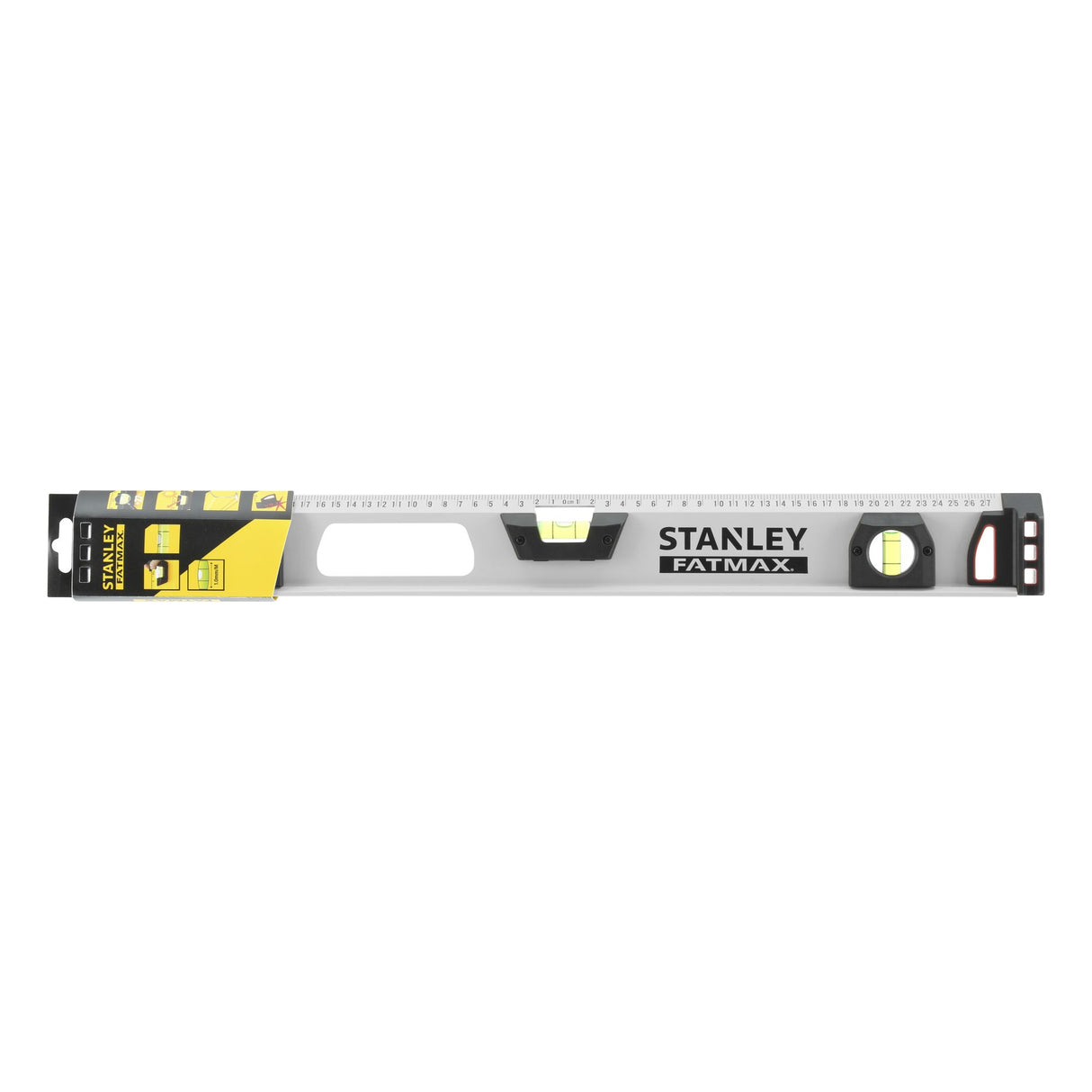 Niveau à bulle Stanley FatMax, outil de mesure, couleur argentée et jaune.
