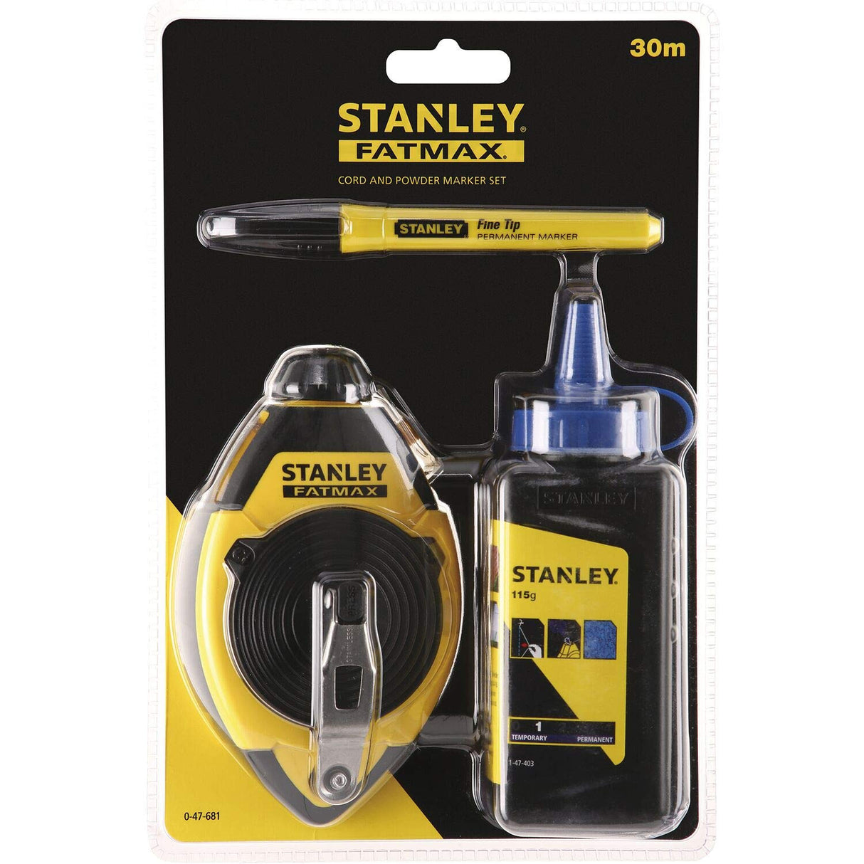 Kit traçage Stanley FATMAX cordeau à tracer jaune et noir, bouteille poudre et marqueur.