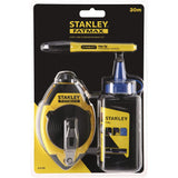 Kit traçage Stanley FATMAX cordeau à tracer jaune et noir, bouteille poudre et marqueur.