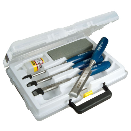 Coffret de ciseaux à bois Stanley, outillage bleu avec mallette blanche.