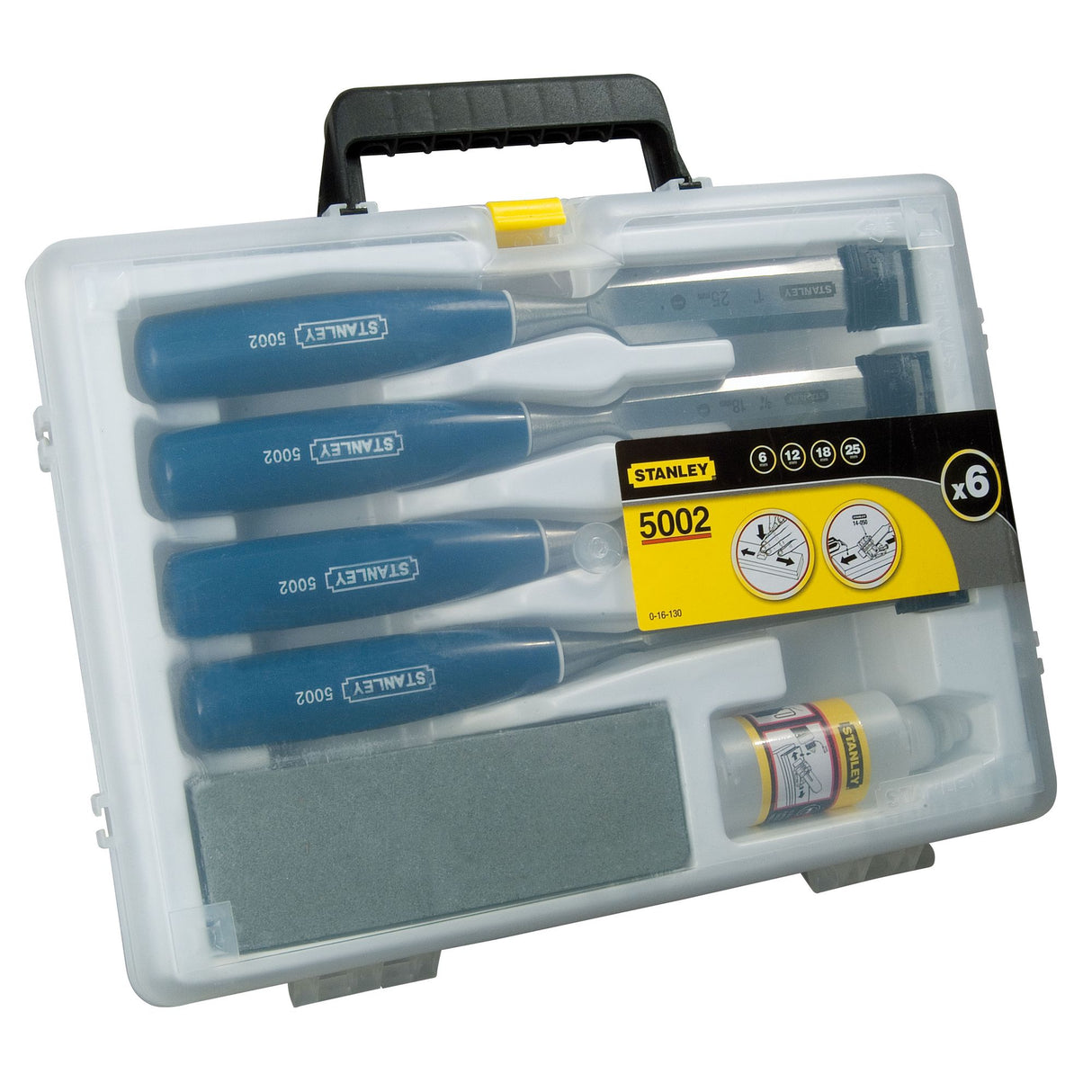 Coffret de ciseaux à bois Stanley, outillage bleu, mallette transparente.