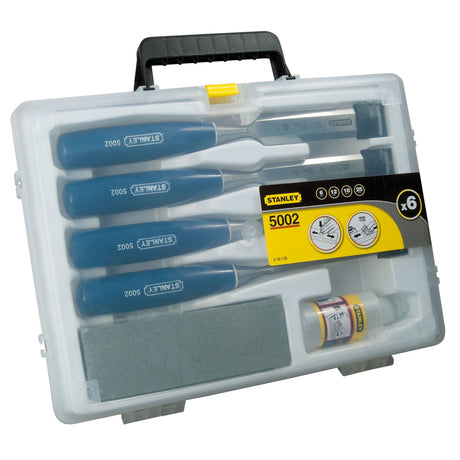 Coffret de ciseaux à bois Stanley, outillage bleu, mallette transparente.