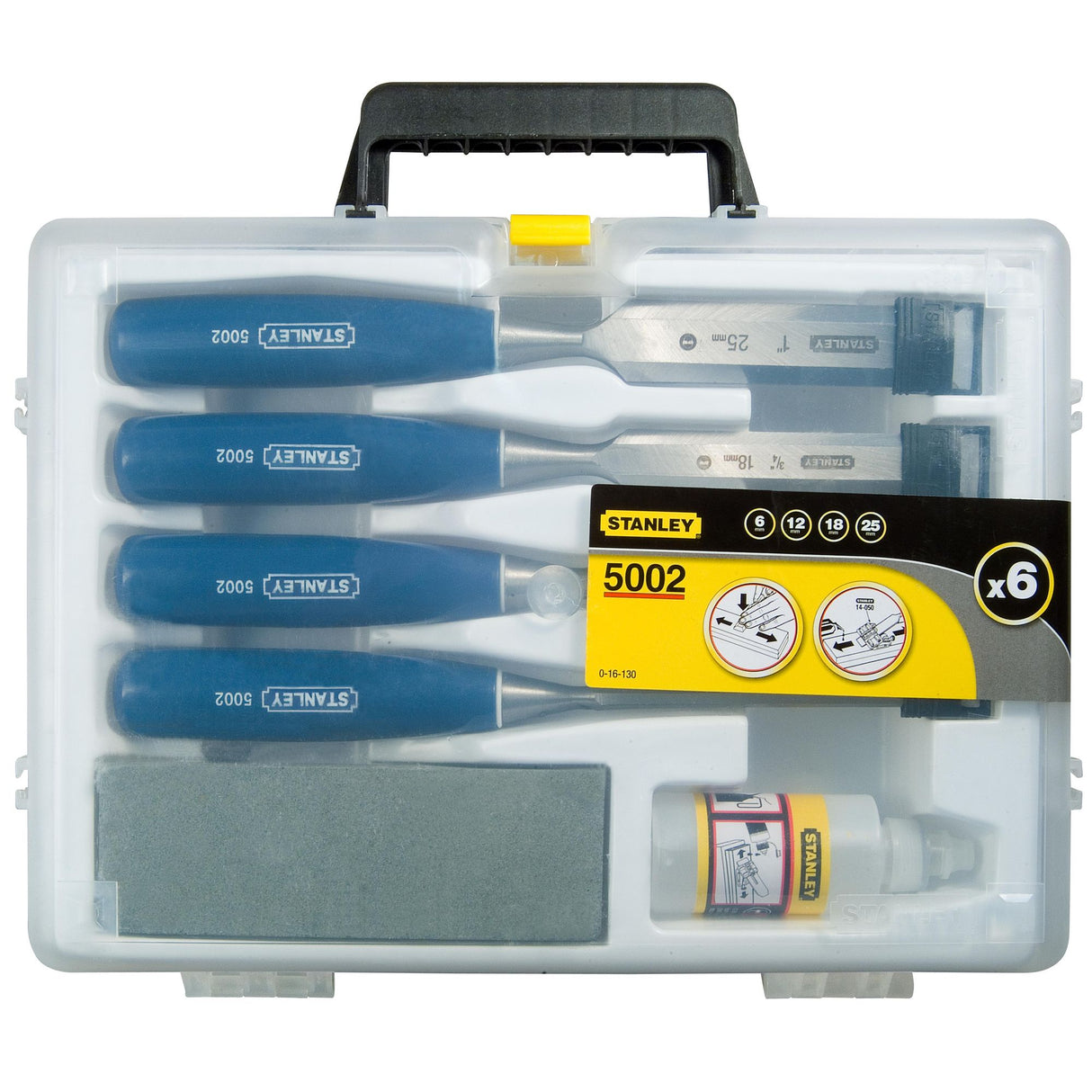 Coffret de ciseaux à bois Stanley, outils couleur bleu, poignée ergonomique.