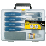 Coffret de ciseaux à bois Stanley, outils couleur bleu, poignée ergonomique.