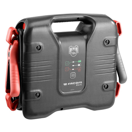 Booster batterie Facom, démarreur portable noir et rouge, type outillage électrique.