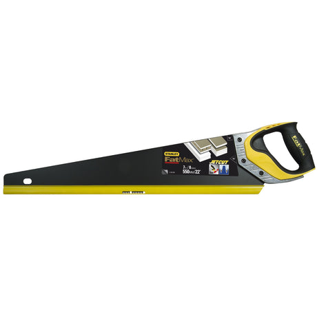 Scie à main Stanley FatMax noire et jaune, outil de coupe manuel pour bois.