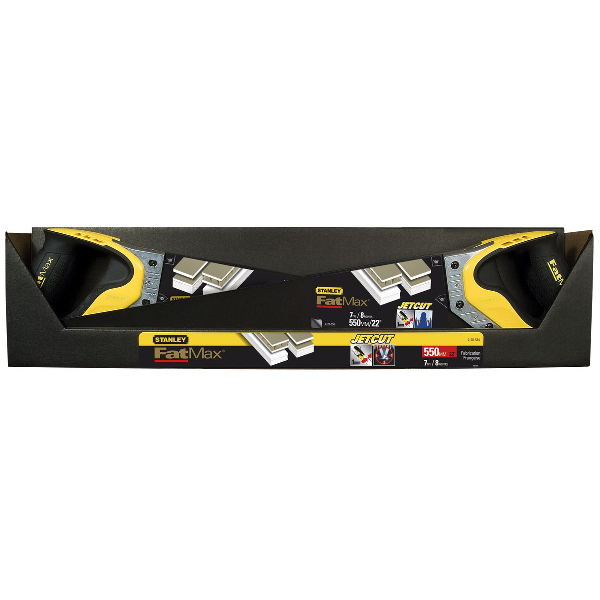 Scie à main Stanley FatMax jaune et noire, outil de coupe manuel, emballage visible