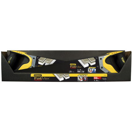Scie à main Stanley FatMax jaune et noire, outil de coupe manuel, emballage visible