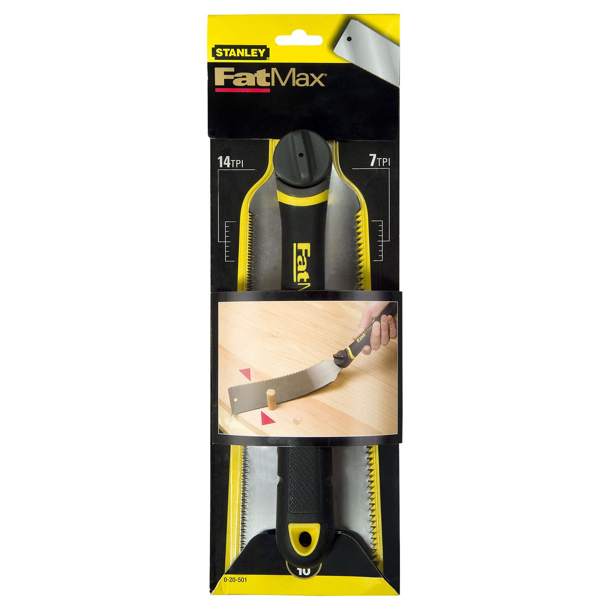 Scie japonaise Stanley FatMax, outillage main, couleur noire et jaune, emballage visible