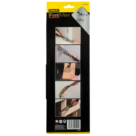 Scie à main Stanley FatMax, noire et jaune, outil de découpe pour bois et plâtre.