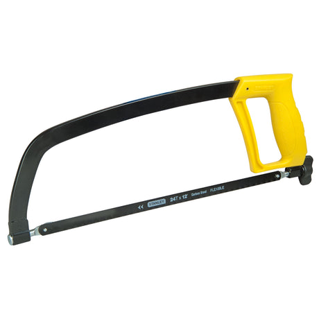 Scie à métaux Stanley, outil à poignée jaune, lame noire, idéale pour la plomberie.