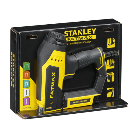 Agrafeuse électrique Stanley FATMAX multi-tâches, outil noir et jaune en coffret.