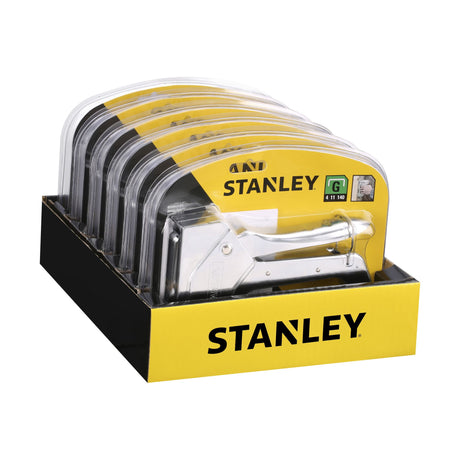 Agrafeuse manuelle Stanley, outil argent, emballage jaune, présentoir multipack