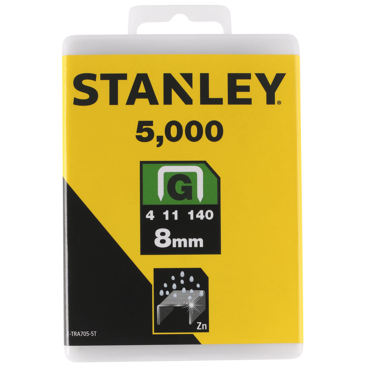Agrafes métalliques Stanley, type G, 8 mm, couleur argentée, boîte jaune et noire.