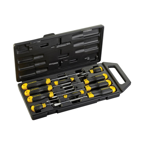 Coffret de tournevis Stanley, outillage à main, couleurs noir et jaune.