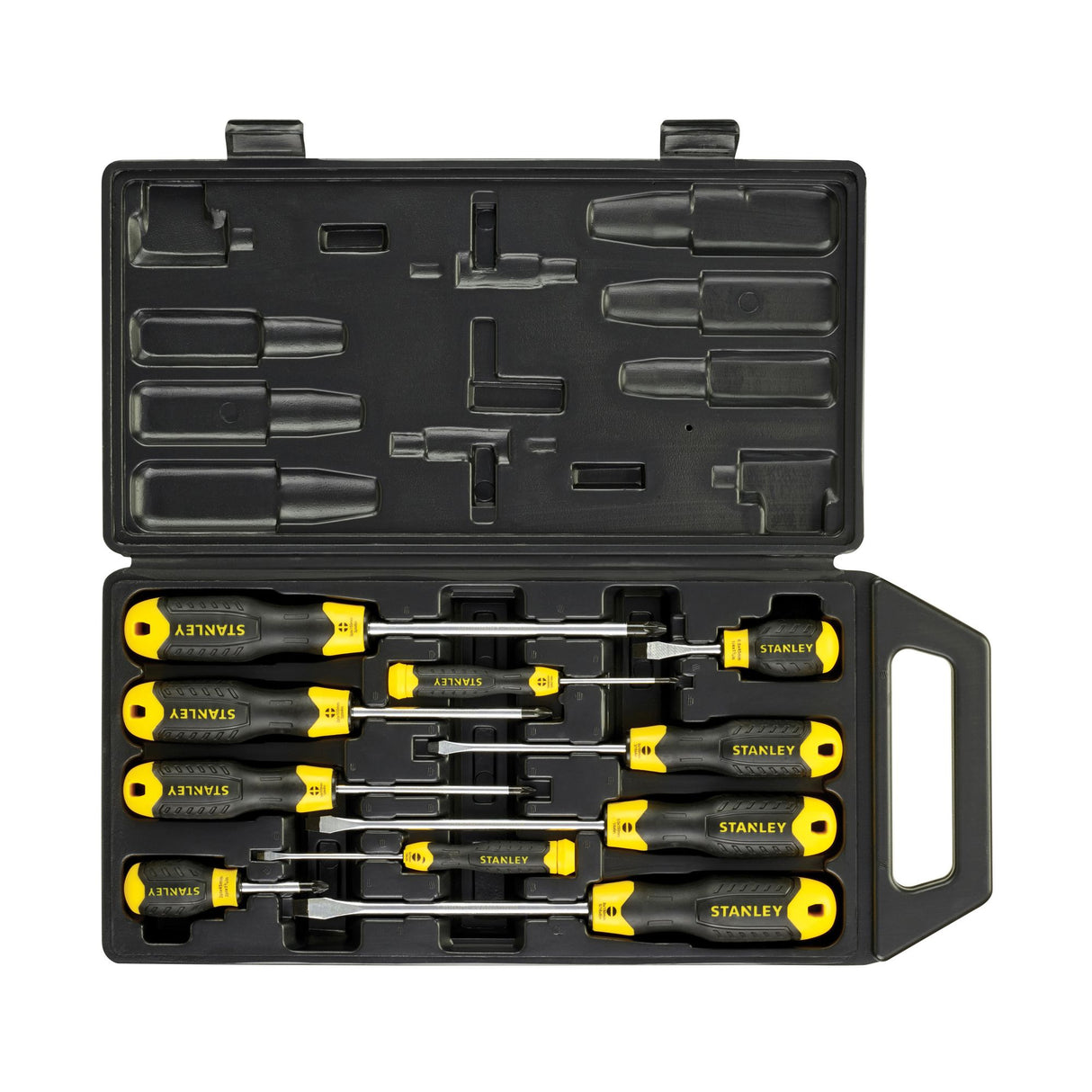 Coffret de tournevis Stanley, outillage noir et jaune, 8 pièces avec poignée ergonomique.