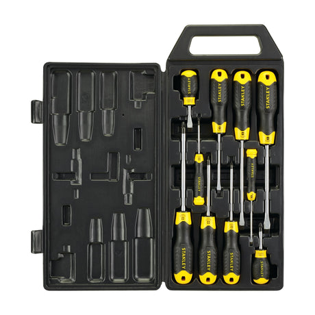 Set de tournevis Stanley, jaune et noir, dans une mallette de rangement.