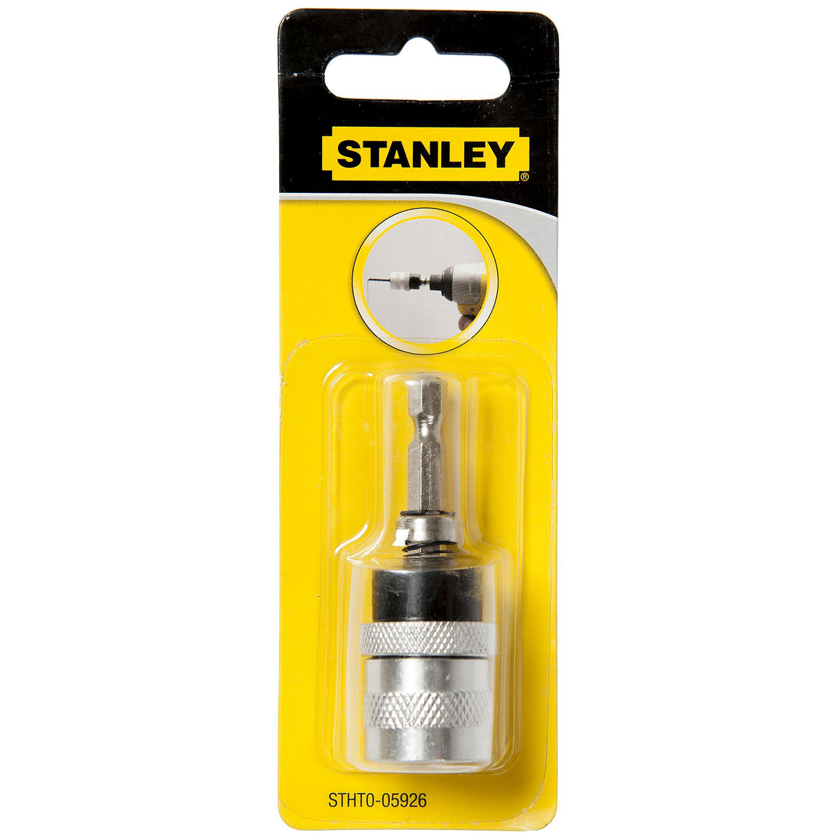 Adaptateur magnétique Stanley, embout de vissage métal gris et noir dans son emballage jaune.