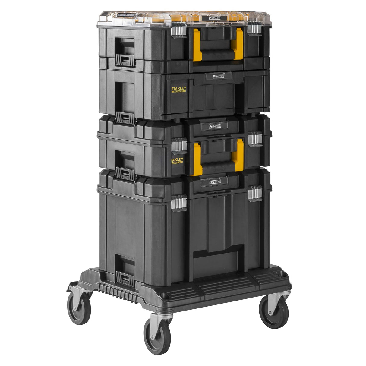 Boîte à outils Stanley noire empilable avec roulettes, poignée jaune, rangement modulable