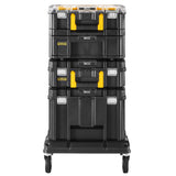 Coffre à outils Stanley noir et jaune empilable sur roulettes, type rangement d’outillage