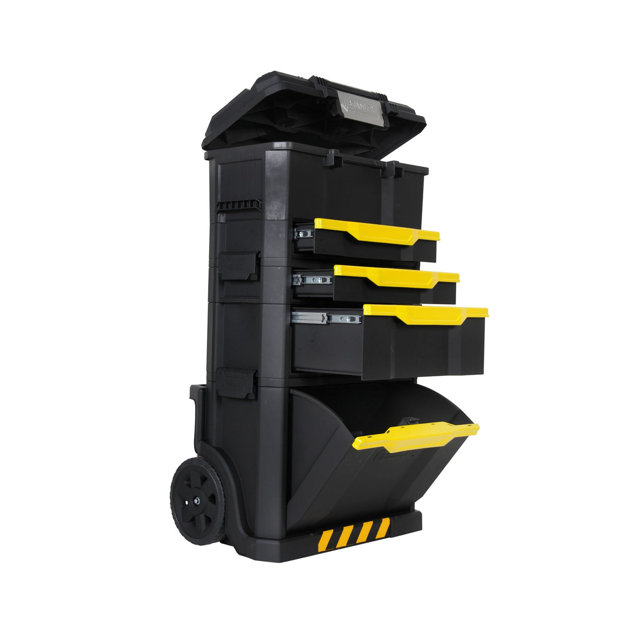 Servante à outils Stanley noire et jaune, plusieurs tiroirs ouverts, sur roulettes.