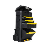 Servante à outils Stanley noire et jaune, plusieurs tiroirs ouverts, sur roulettes.