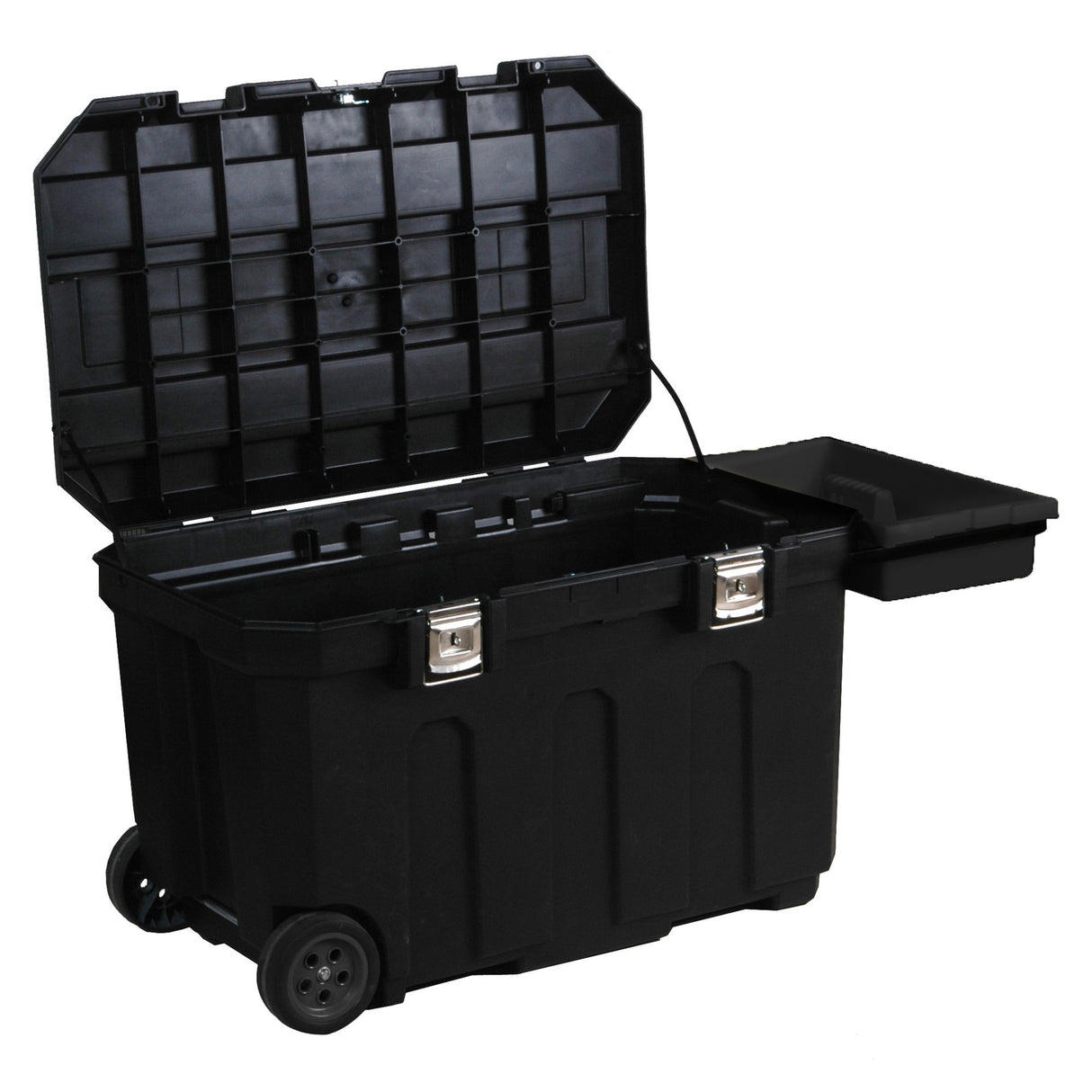 Coffre à outils Stanley noir avec roulettes, couvercle ouvert, robuste pour rangement