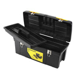 Boîte à outils Stanley noire, rangement en plastique avec plateau amovible.