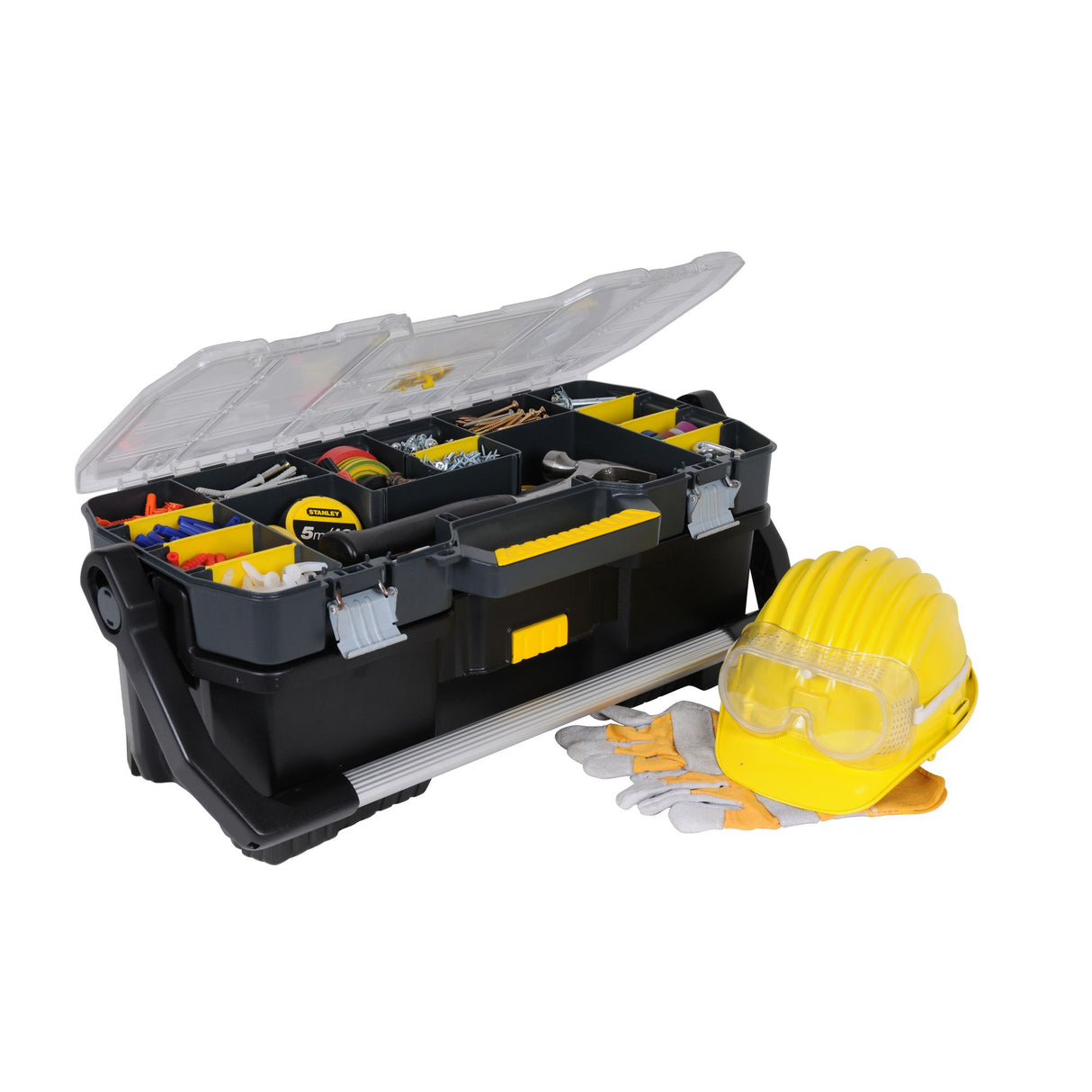 Boîte à outils Stanley noire et jaune, casque de sécurité jaune, gants et lunettes de protection.