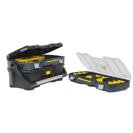 Boîte à outils Stanley noire et jaune, avec séparateurs, couvercle transparent.