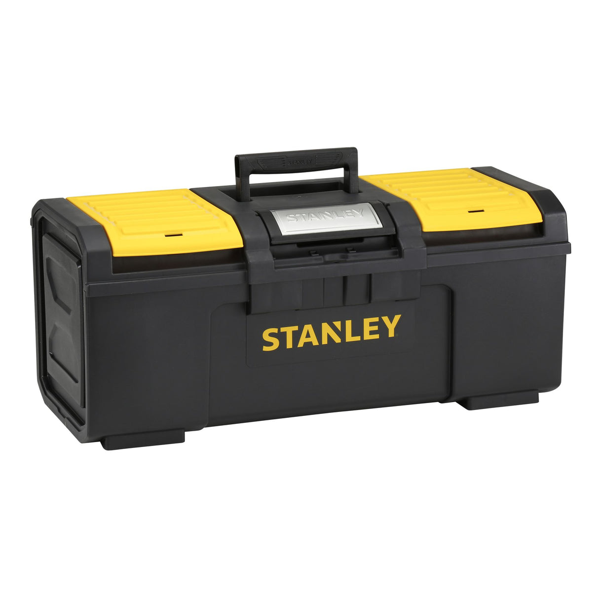 Boîte à outils Stanley, noire et jaune, marque Stanley en plastique robuste.
